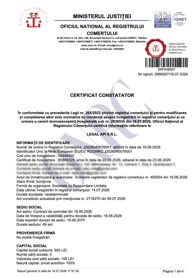 Model de certificat constatator emis de ONRC