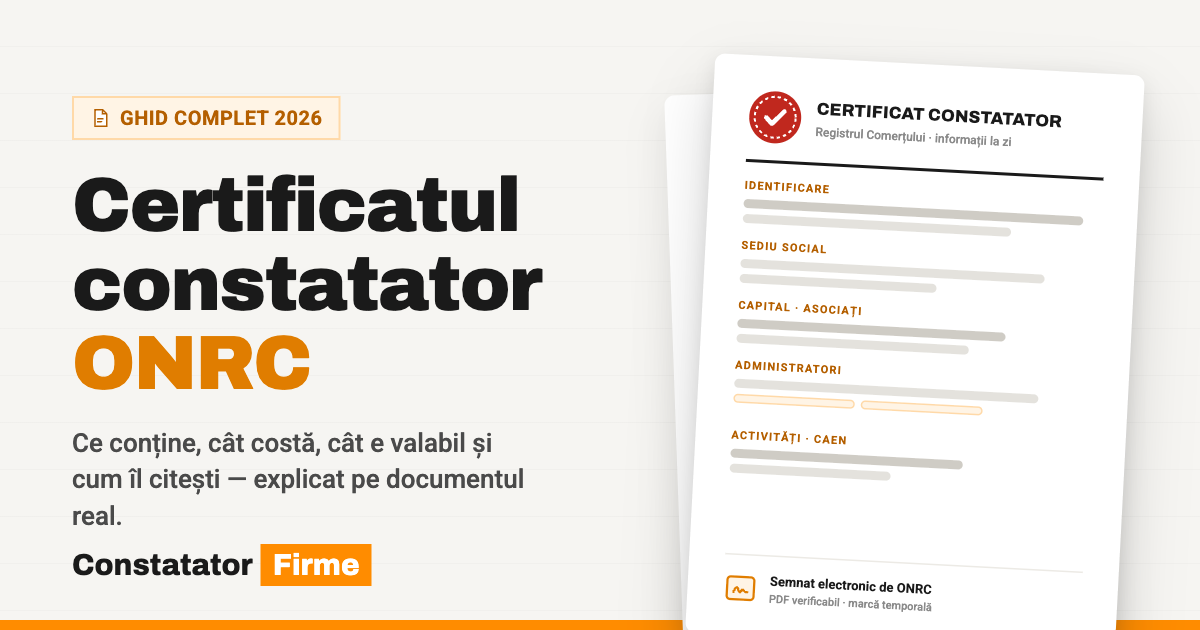 Certificat constatator stilizat — document cu sigiliu, semnat electronic de ONRC