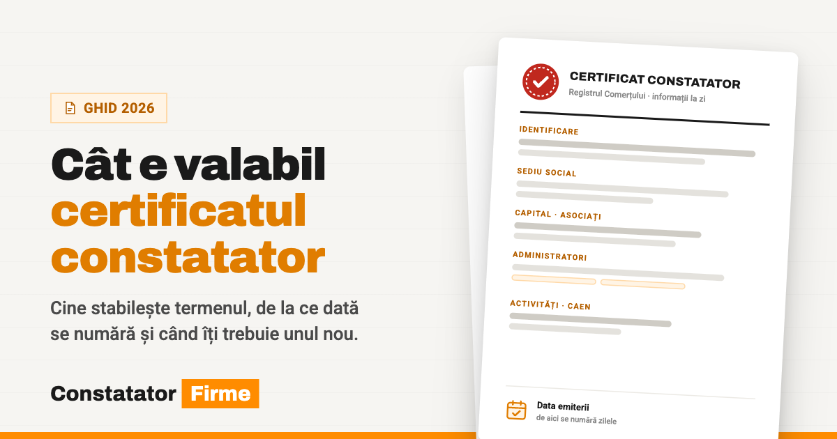Certificat constatator stilizat, cu data emiterii marcată pe un calendar