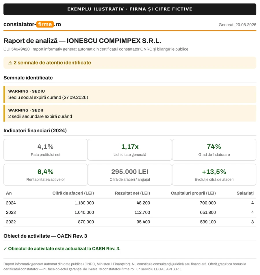 Exemplu de raport de analiză: semnale identificate, șase indicatori financiari și rezultatele pe trei ani